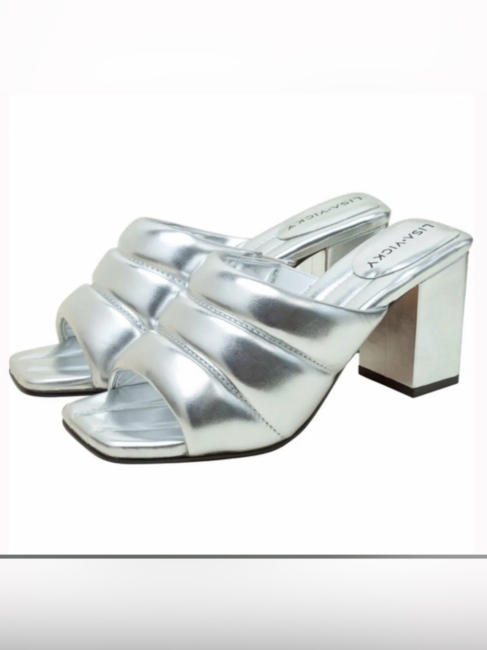 NIB Lisa Vicky Silver Quilted Strap Block Heel Mules Sandals